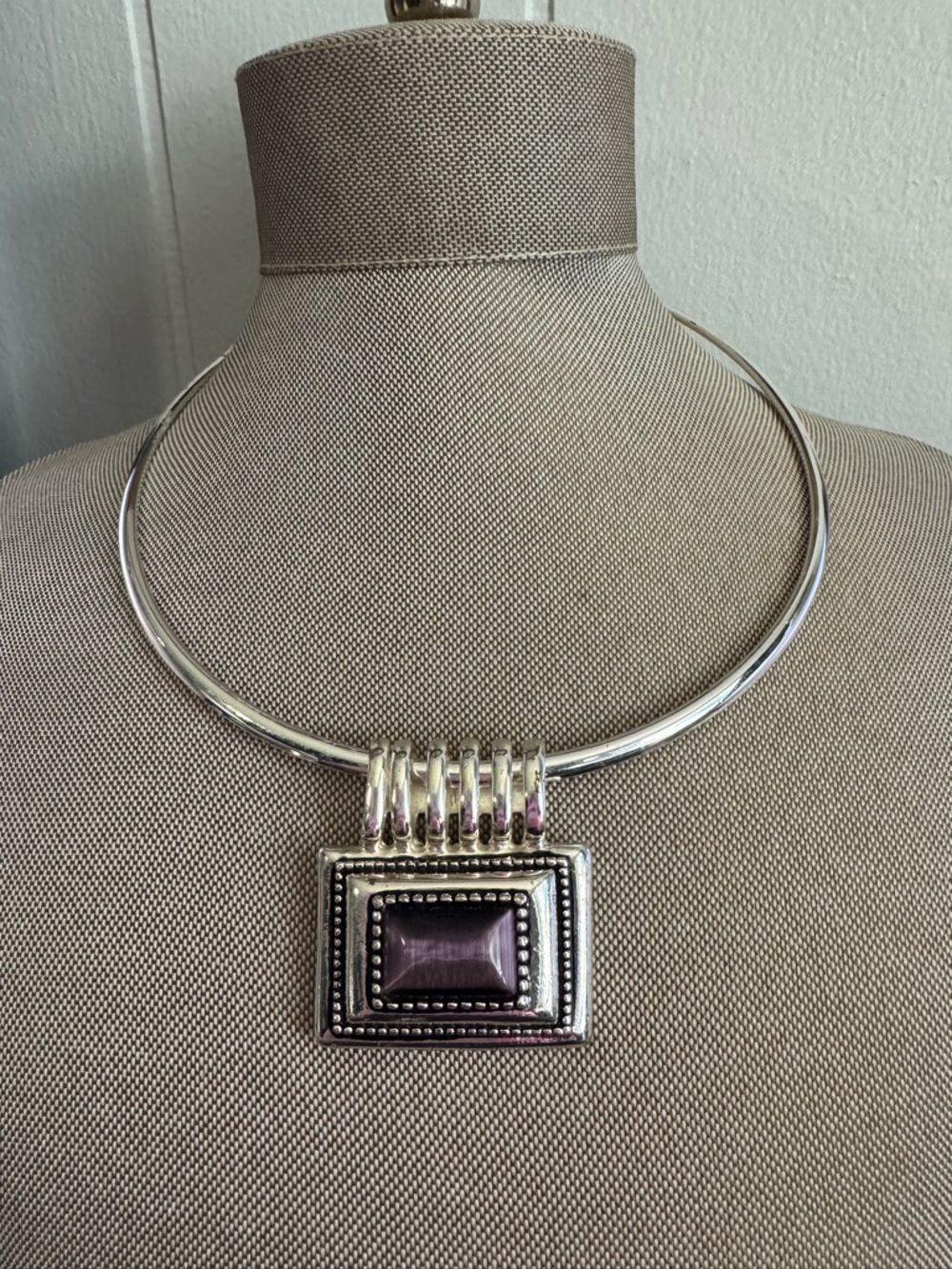 Elegant Silver Choker Necklace with Purple Stone Pendant and earring set.